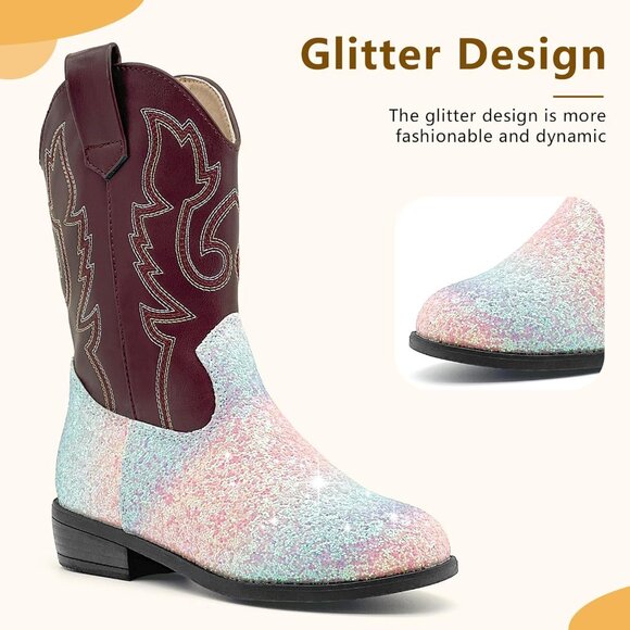 xinlanlin Kids Sequin Rainbow Purple Embroidered Square Toe Glitter Western Boot - Picture 3 of 6